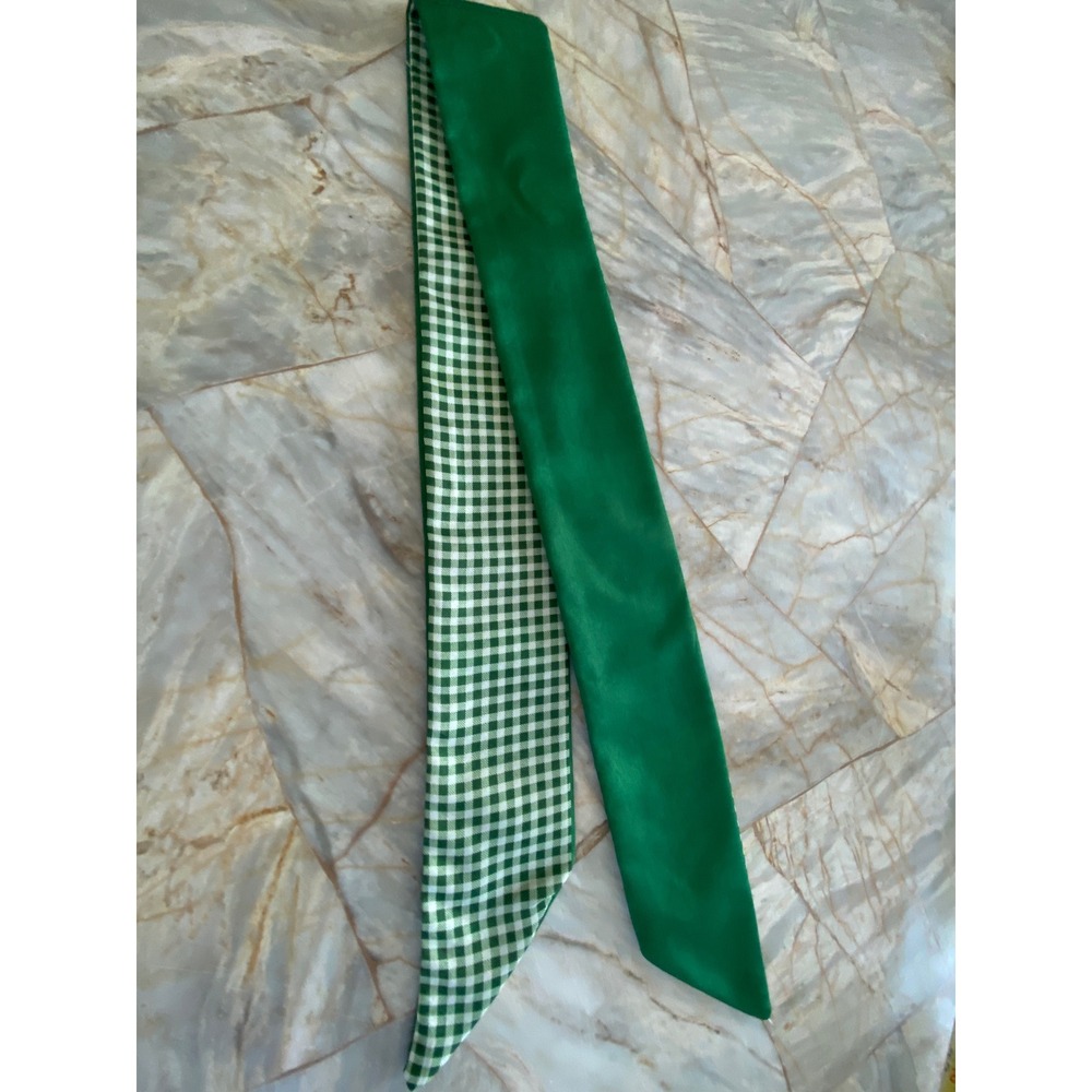 Green White Gingham Reversible Skinny Scarf Emerald Satin Hair Ribbon Necktie - Picture 4 of 9